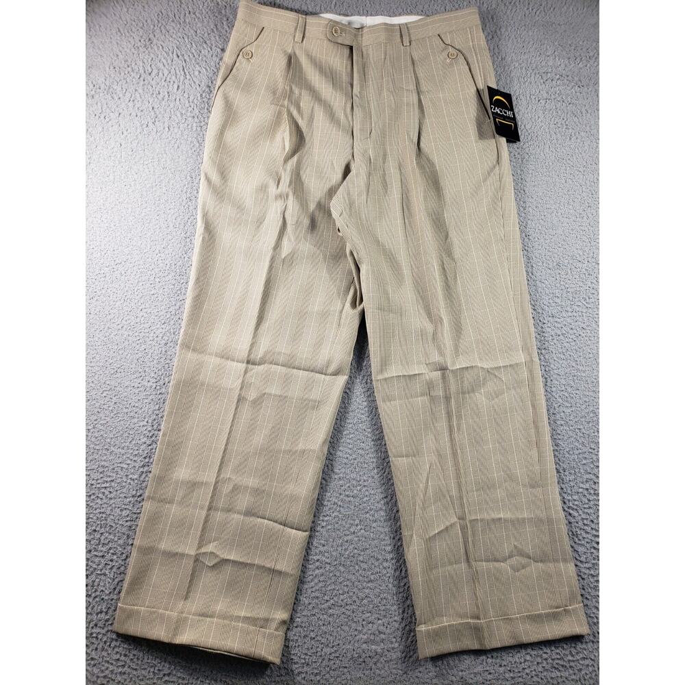 Zacchi Pants Men's 36x32 Beige Pleated Straight Leg Plaid NWT Classico Italiana